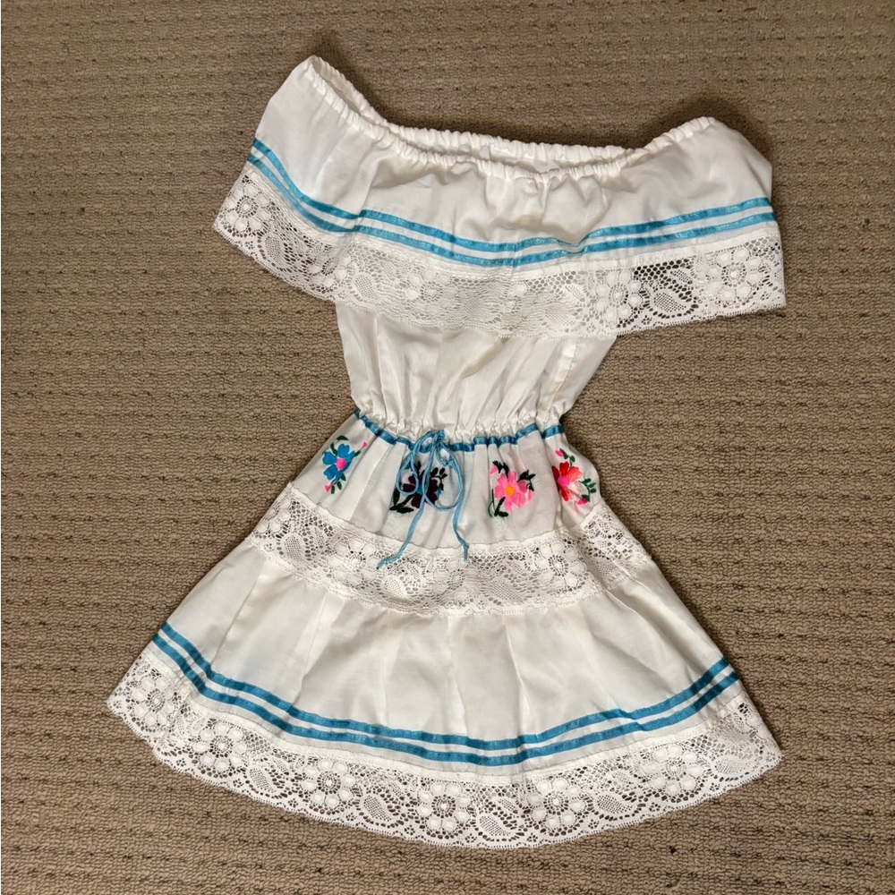 White Off-Shoulder Mini Dress with embroidered floral details